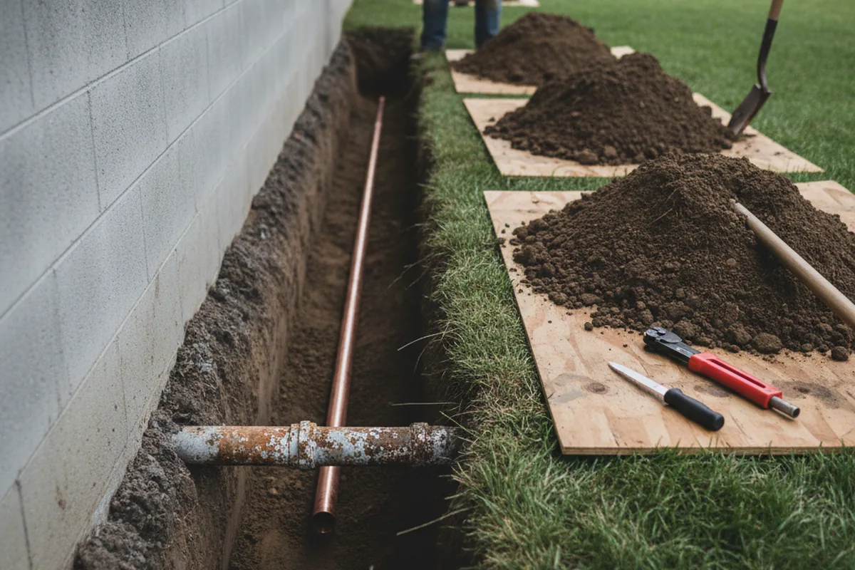 Excavated water line trench during Water Softener Installation in Belen